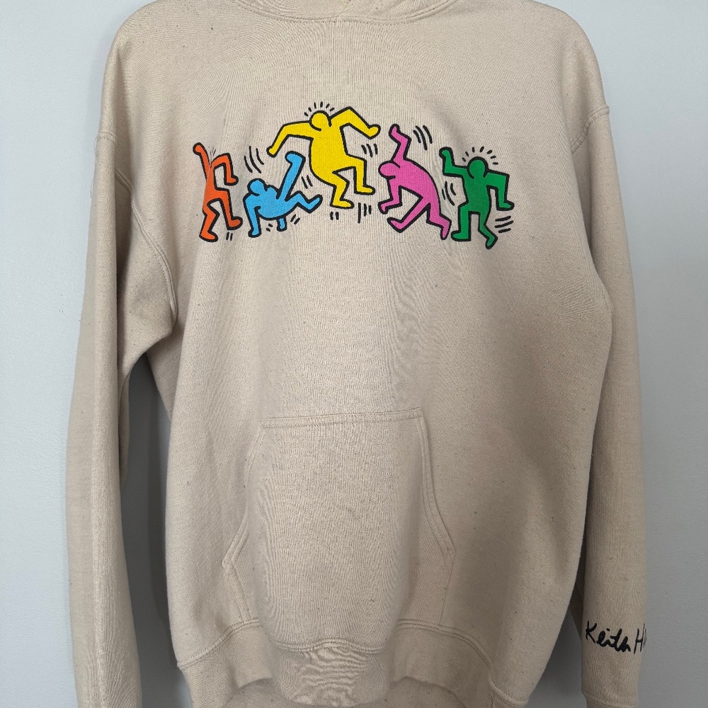 Keith Haring Pop Art Hoodie Beige Graphic Streetwear Y2K Medium Unisex Rare